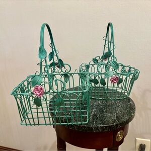 Teal Green Floral Metal Wire Baskets with Pink Rose Accents (Pair)